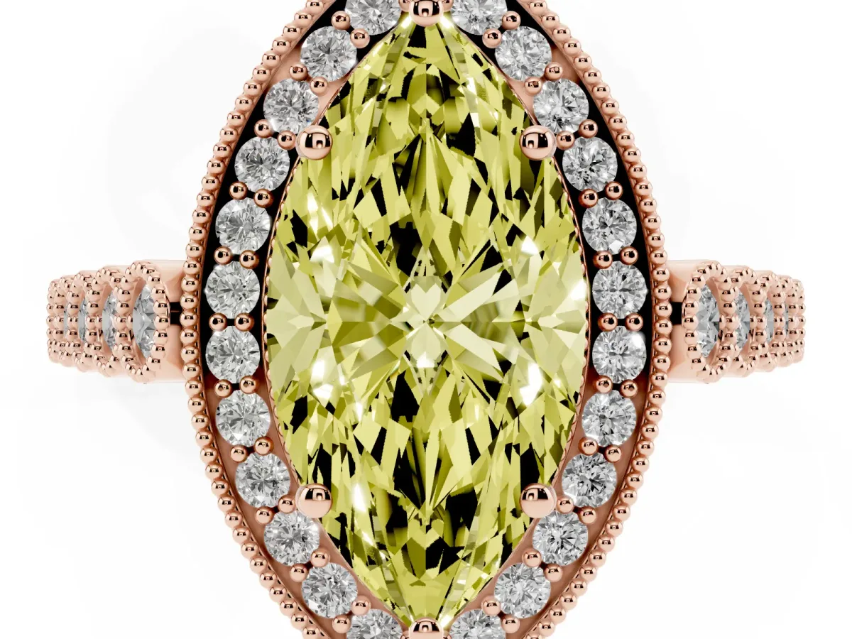 Fancy Yellow Marquise Cut Halo Milgrain Solitaire with Bezel Set Side Stones and Pave Band Rose gold