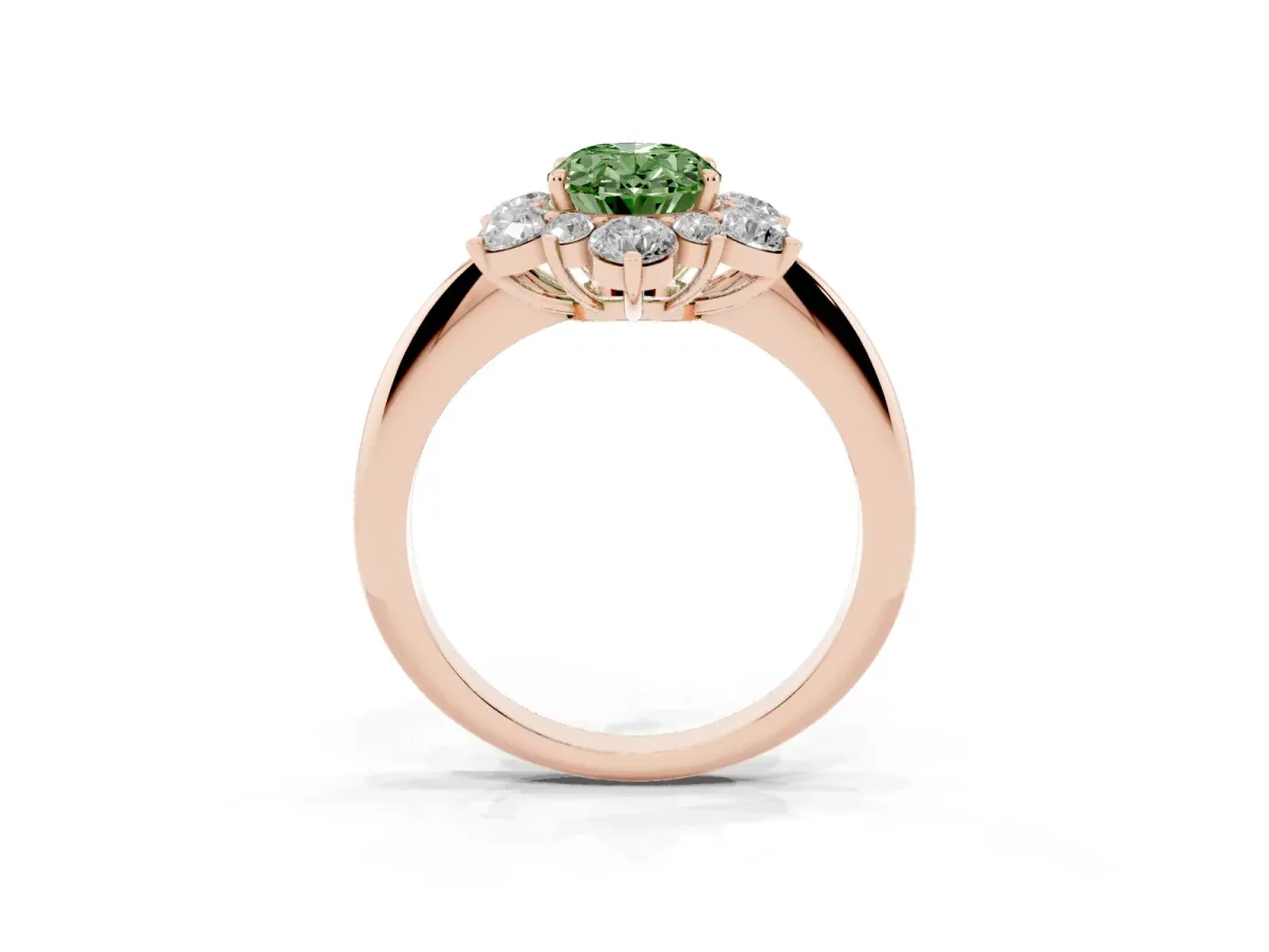 Fancy Green Oval Cut Diamond Cluster Halo Ring with Solitaire Band and Four-Prong Setting Rose gold