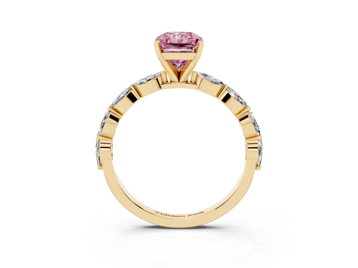 Fancy Pink Radiant Cut Diamond Ring with Marquise Side Stones and Prong Setting Yellow gold