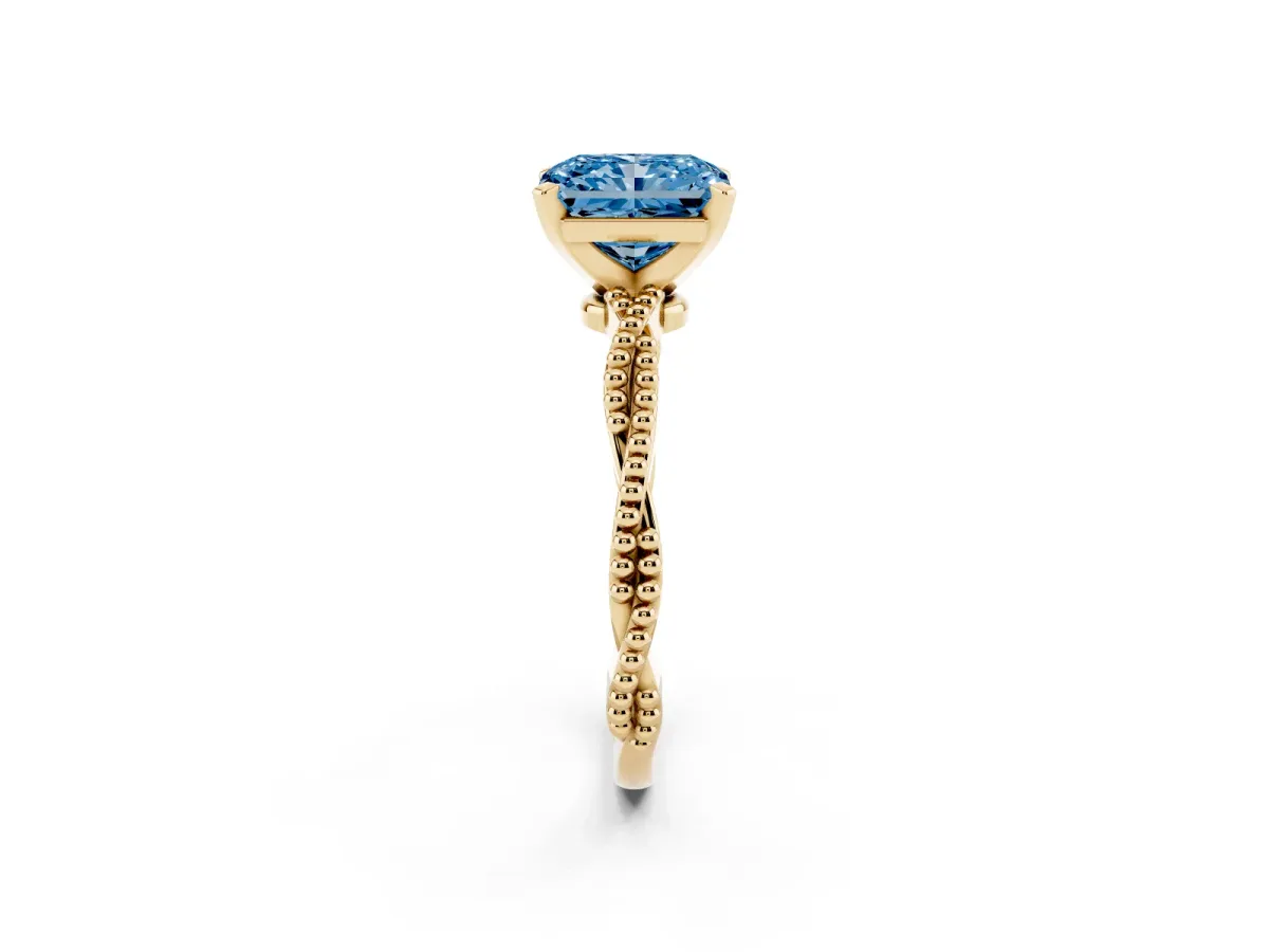 Fancy Blue Radiant Cut Solitaire Twisted Band with Bead Prong Setting Yellow gold