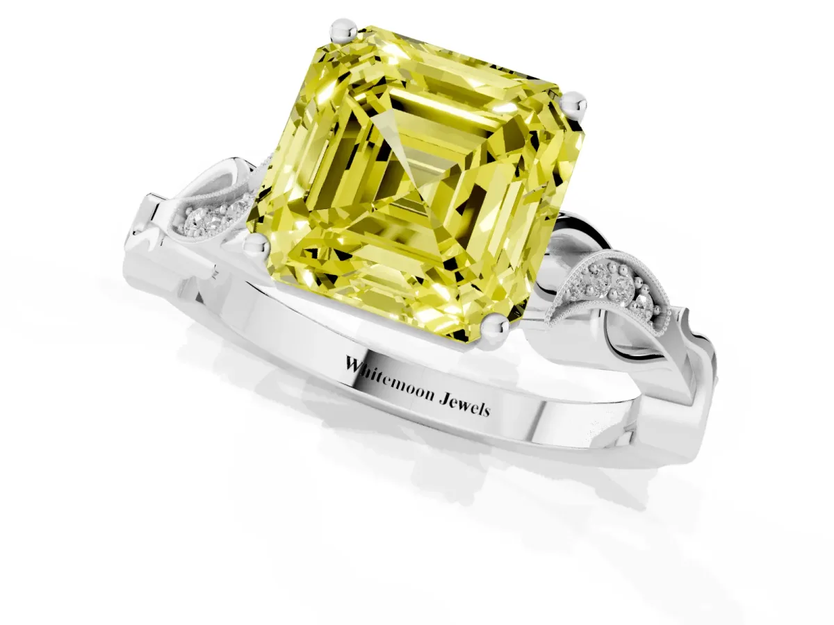 Fancy Yellow Asscher Cut Solitaire Vine Band with Milgrain Prong Setting Platinum