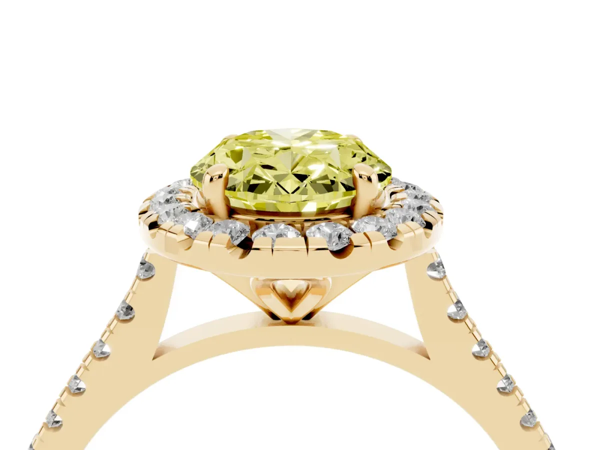Fancy Yellow Oval Cut Diamond Cushion Halo Ring with Pavé Band Yellow gold