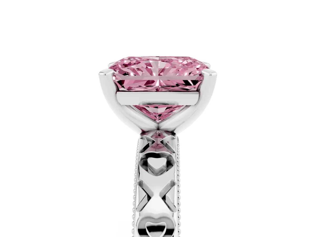 Fancy Pink Radiant Cut Solitaire Diamond Engagement Ring with XO Engraved Band and Four-Prong Setting White gold