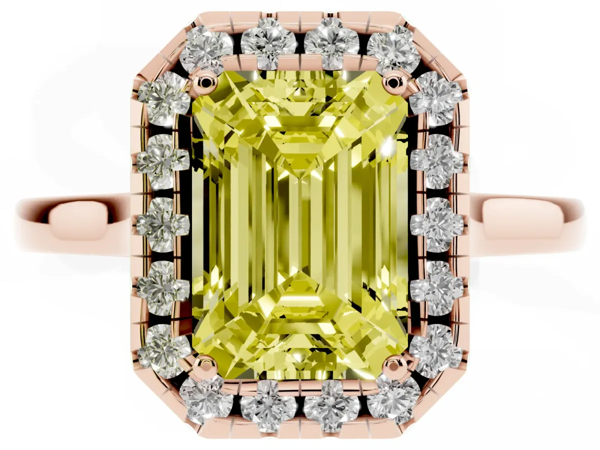 Fancy Yellow Emerald Cut Halo Round Diamond Solitaire Ring with Pavé Band and Four-Prong Setting Rose gold