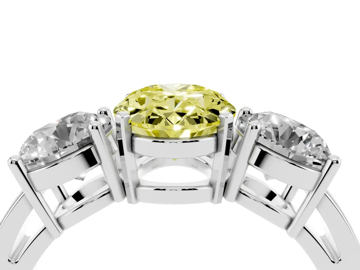 Fancy Yellow Three-Stone Oval Cut Diamond Ring with Round Side Stones, Classic Band, and Four-Prong Setting Silver