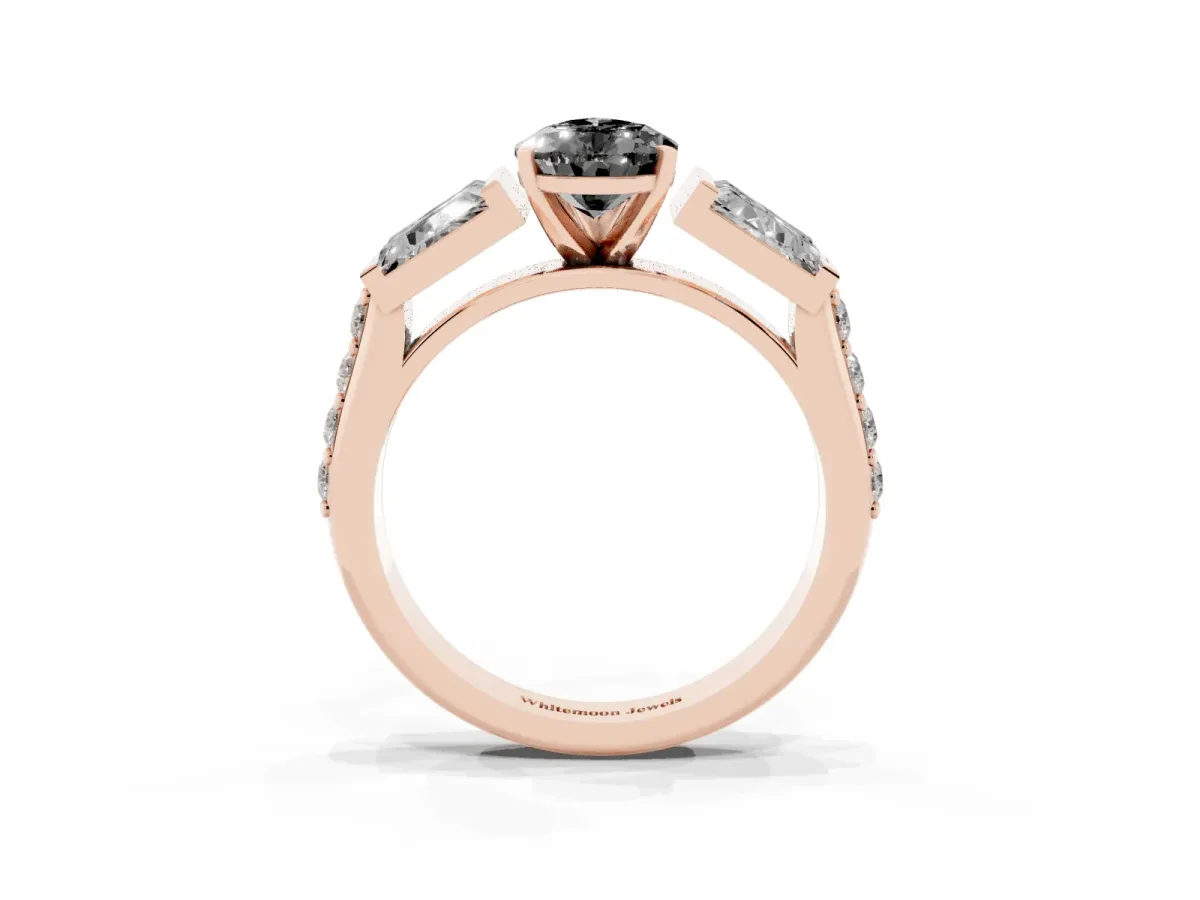 Fancy Black Pear Cut Diamond Engagement Ring with Baguette Side Stones and Channel Set Band Rose gold