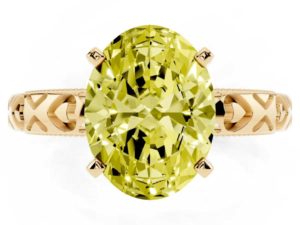Fancy Yellow Oval Cut Solitaire Diamond Engagement Ring with XO Engraved Band and Four-Prong Setting Yellow gold