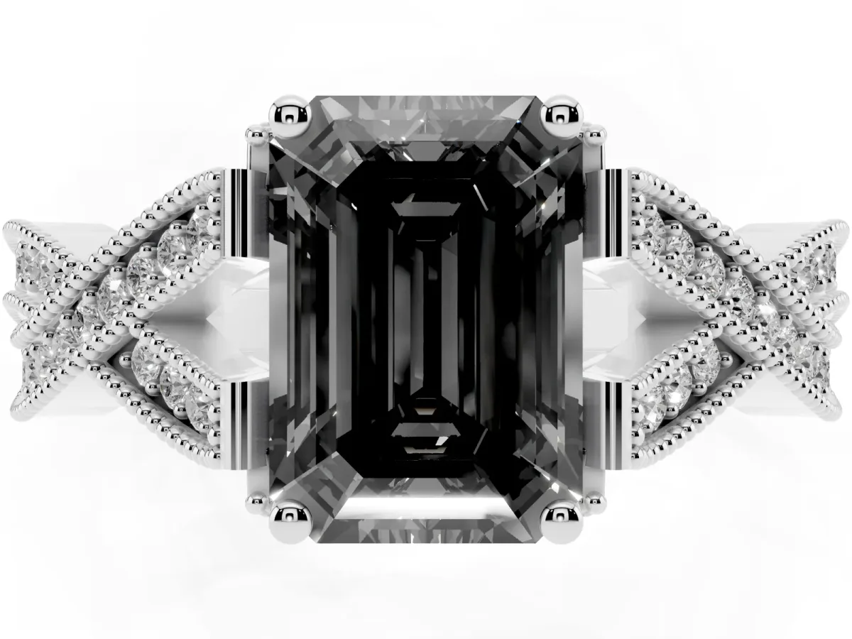 Fancy Black Emerald Cut Cut Diamond Twisted Band with Milgrain Pave Setting and Four-Prong Setting Silver