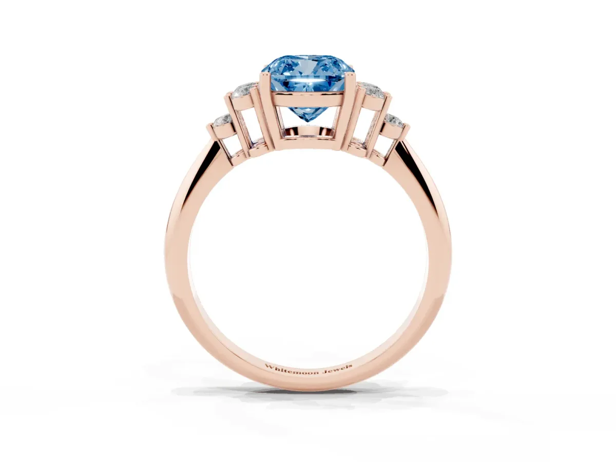 Fancy Blue Cushion Cut Cut Diamond Cluster Ring with Solitaire Band and Four-Prong Setting Rose gold