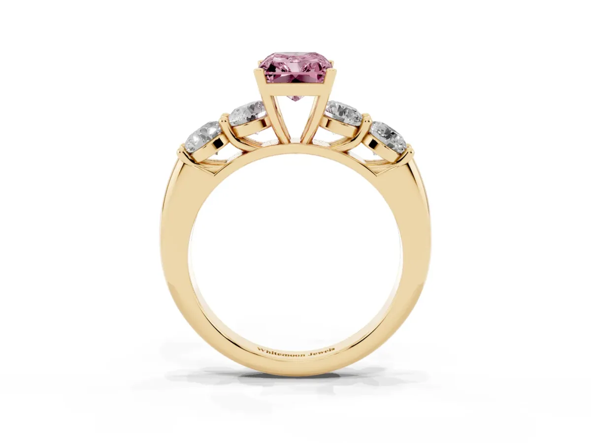 Fancy Pink Radiant Cut Cut Five-Stone Prong Set Diamond Ring with Classic Band Yellow gold
