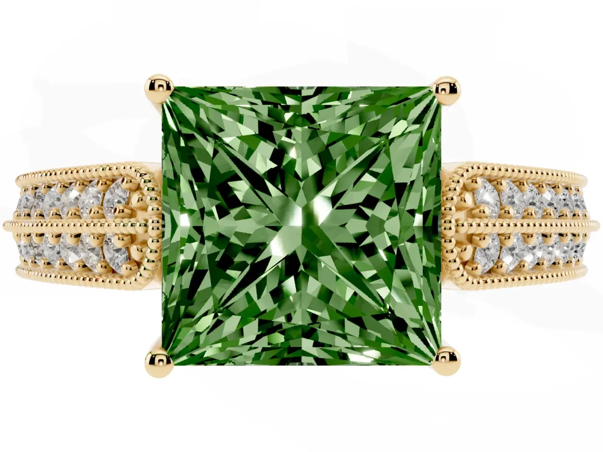Fancy Green Princess Cut Cut Pave Split Shank Engagement Ring with Four-Prong Setting Yellow gold
