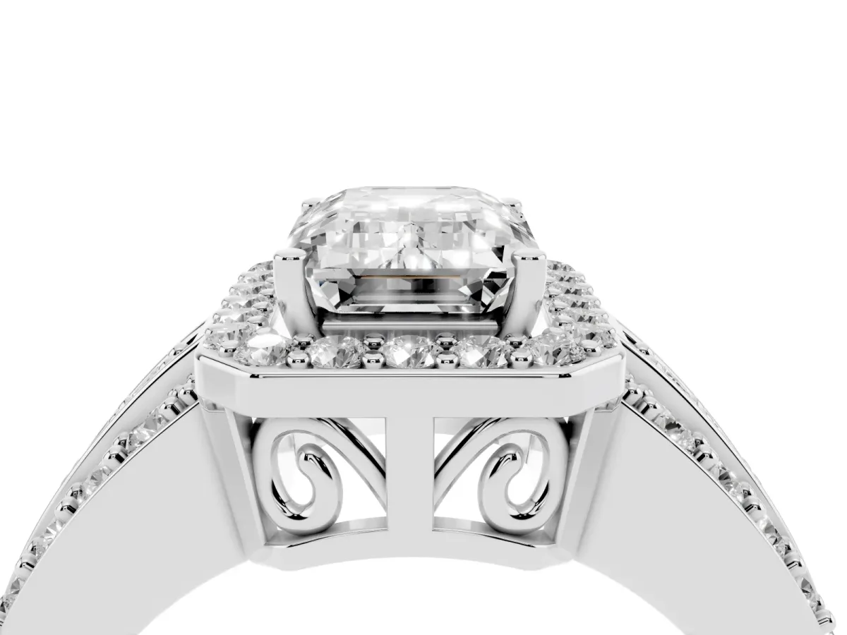 Emerald Cut Halo Diamond Ring with Round Split Shank and Prong Setting Silver