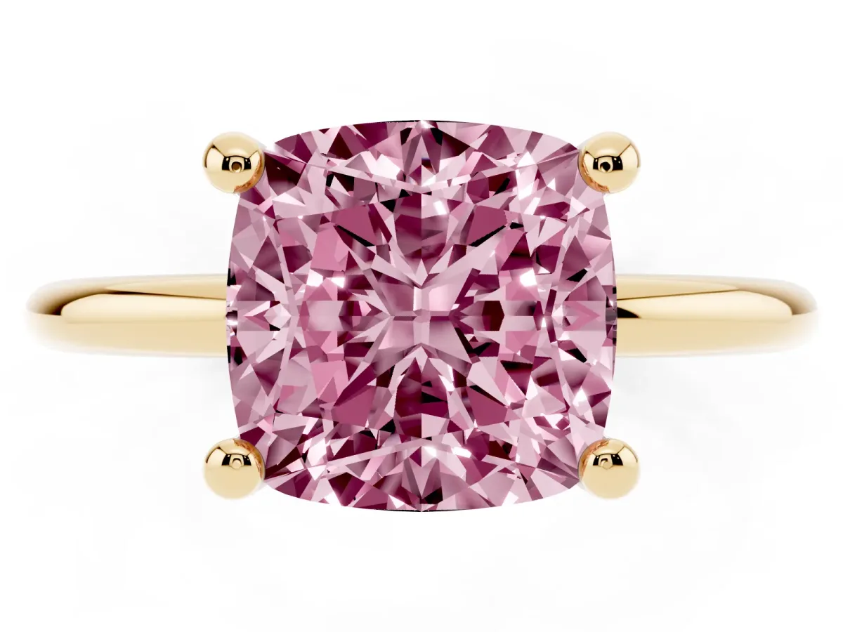 Fancy Pink Cushion Cut Solitaire Diamond Ring with 4-Prong Setting on a Classic Band Yellow gold