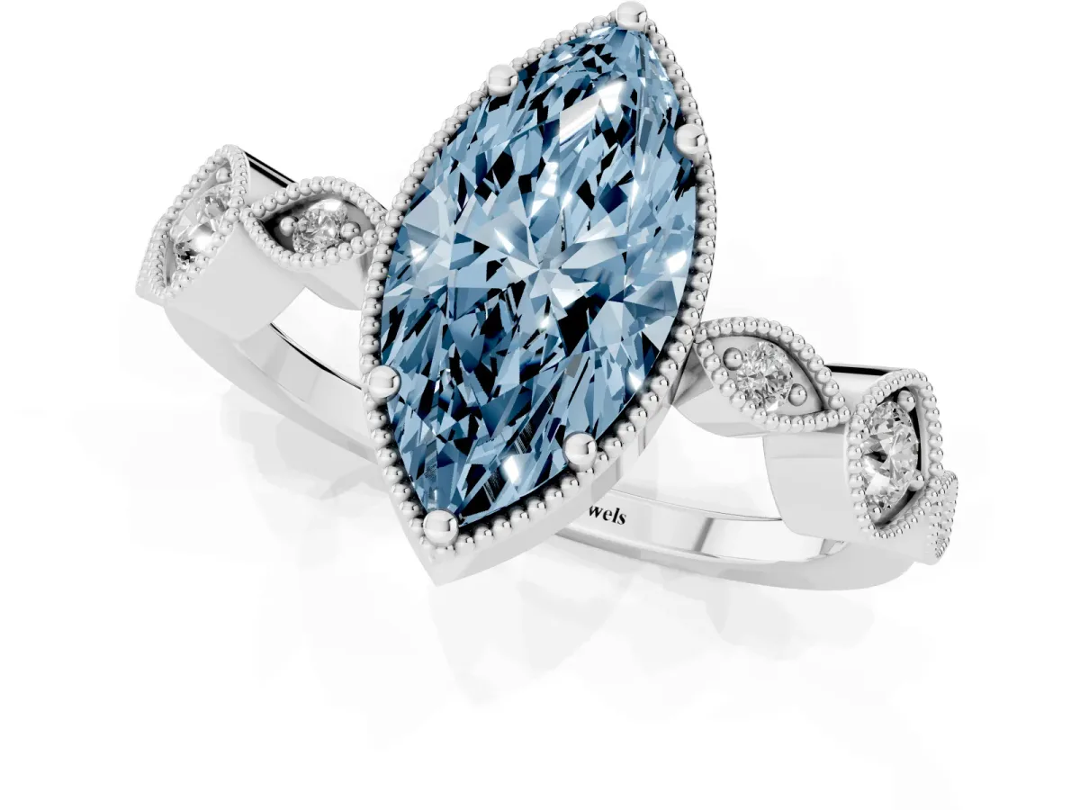 Fancy Blue Marquise Cut Diamond Vintage Milgrain Ring with Round Stations Silver