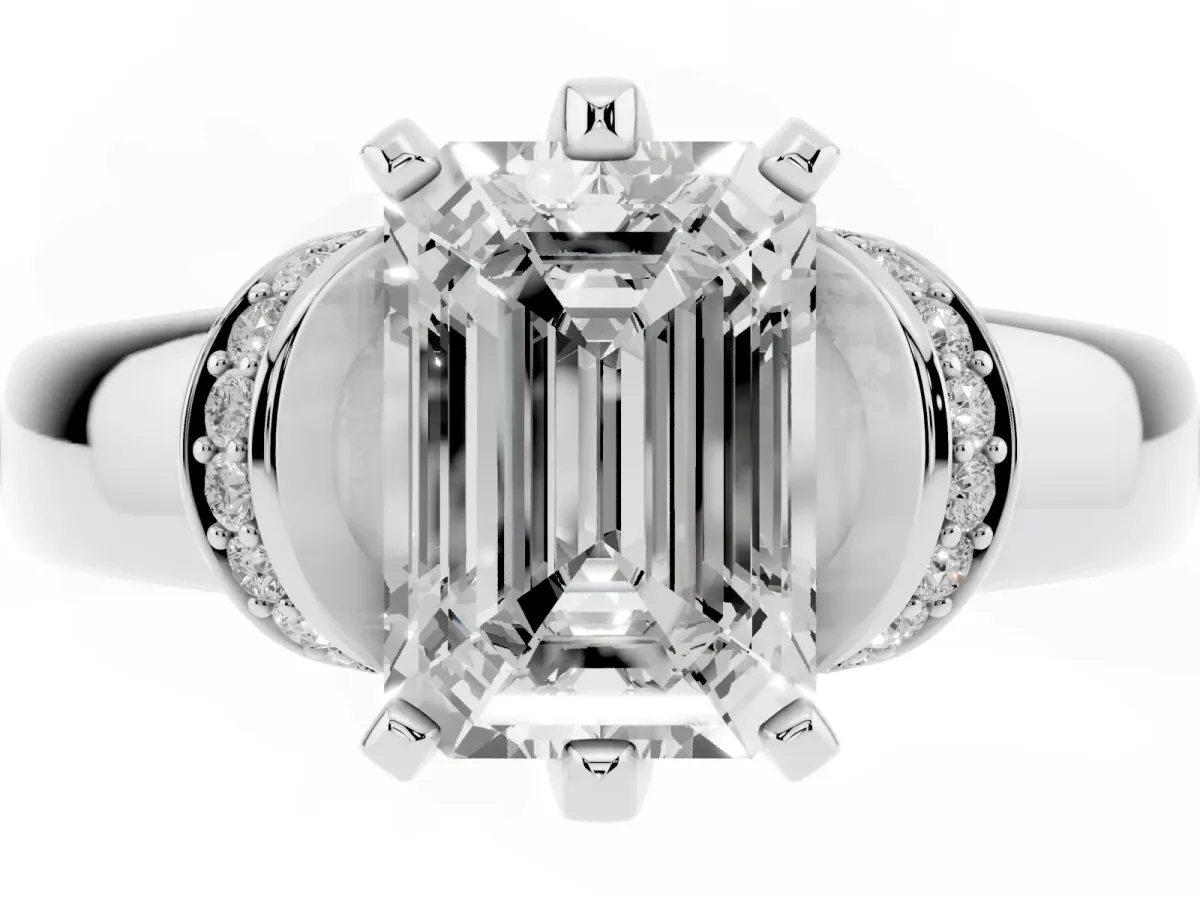 Emerald Cut Solitaire Diamond Ring with Pave Band and Six-Prong Setting Platinum