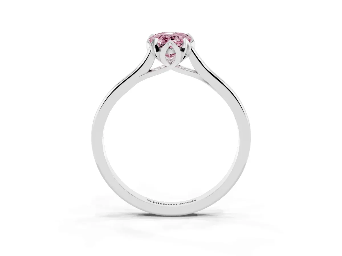 Fancy Pink Pear Cut Diamond Solitaire Ring with Flower Prong Setting and Classic Band Silver