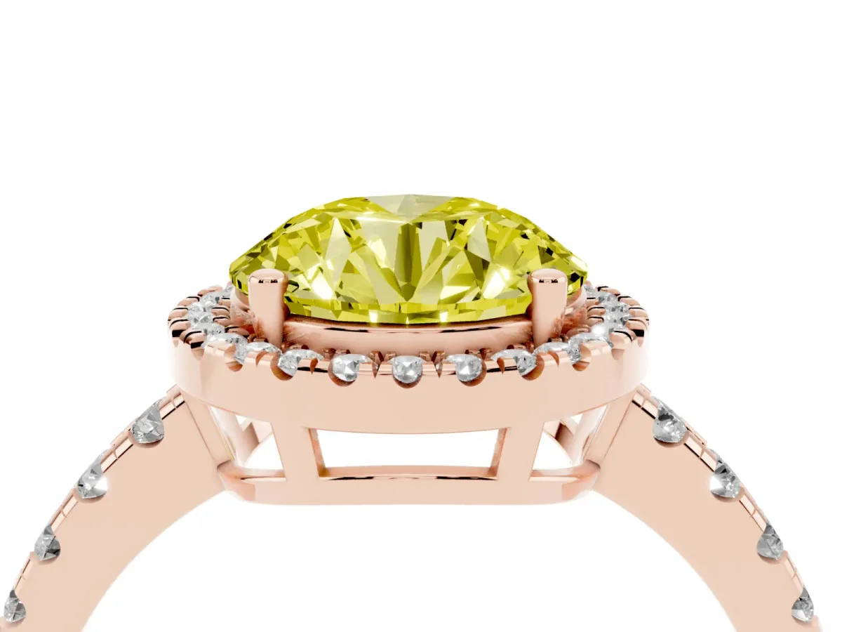 Fancy Yellow Round Cut Diamond Halo Ring with Pavé Band and Four-Prong Setting Rose gold