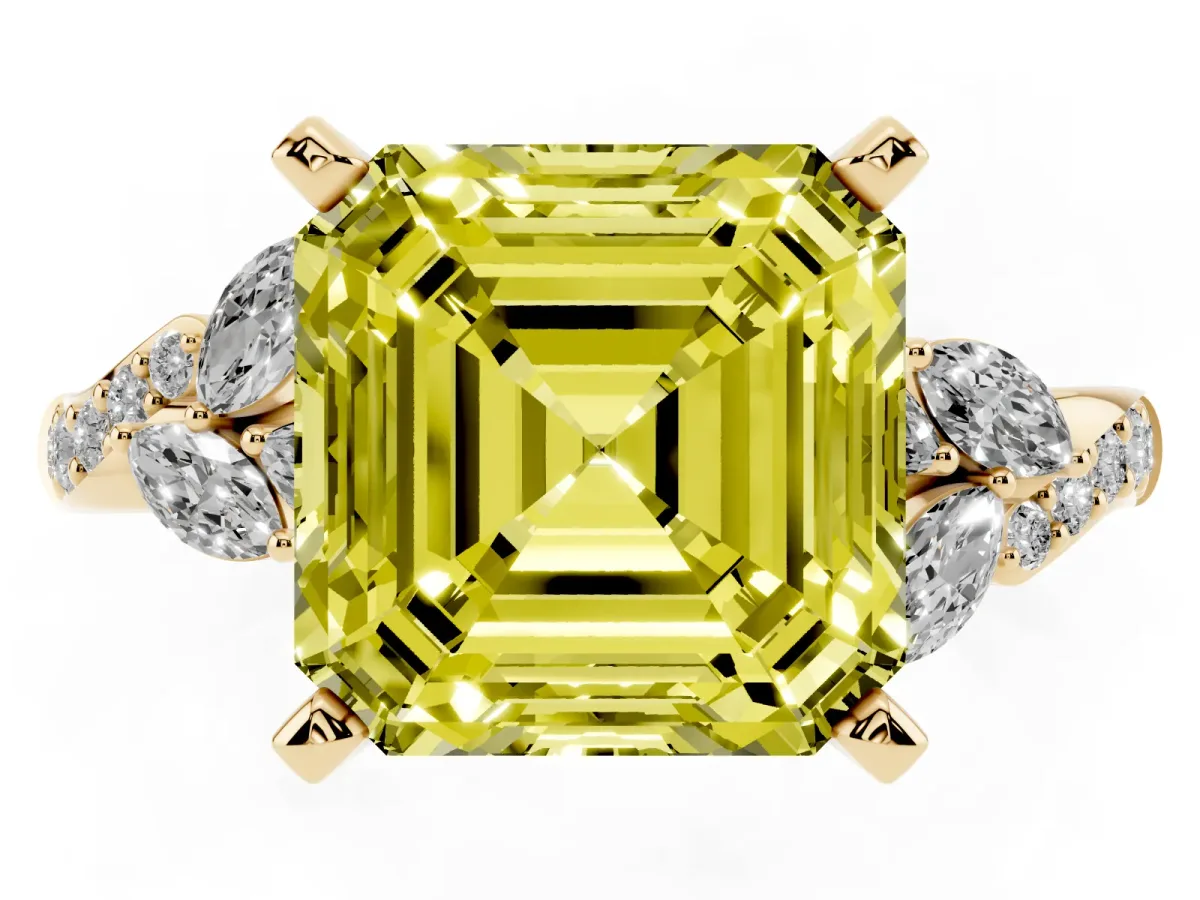 Fancy Yellow Asscher Cut Solitaire Marquise Twist Band with Six-Prong Setting Yellow gold