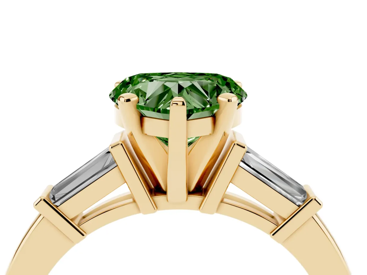 Fancy Green Heart Cut Cut Diamond Solitaire Ring with Tapered Baguette Accents and Four-Prong Setting Yellow gold