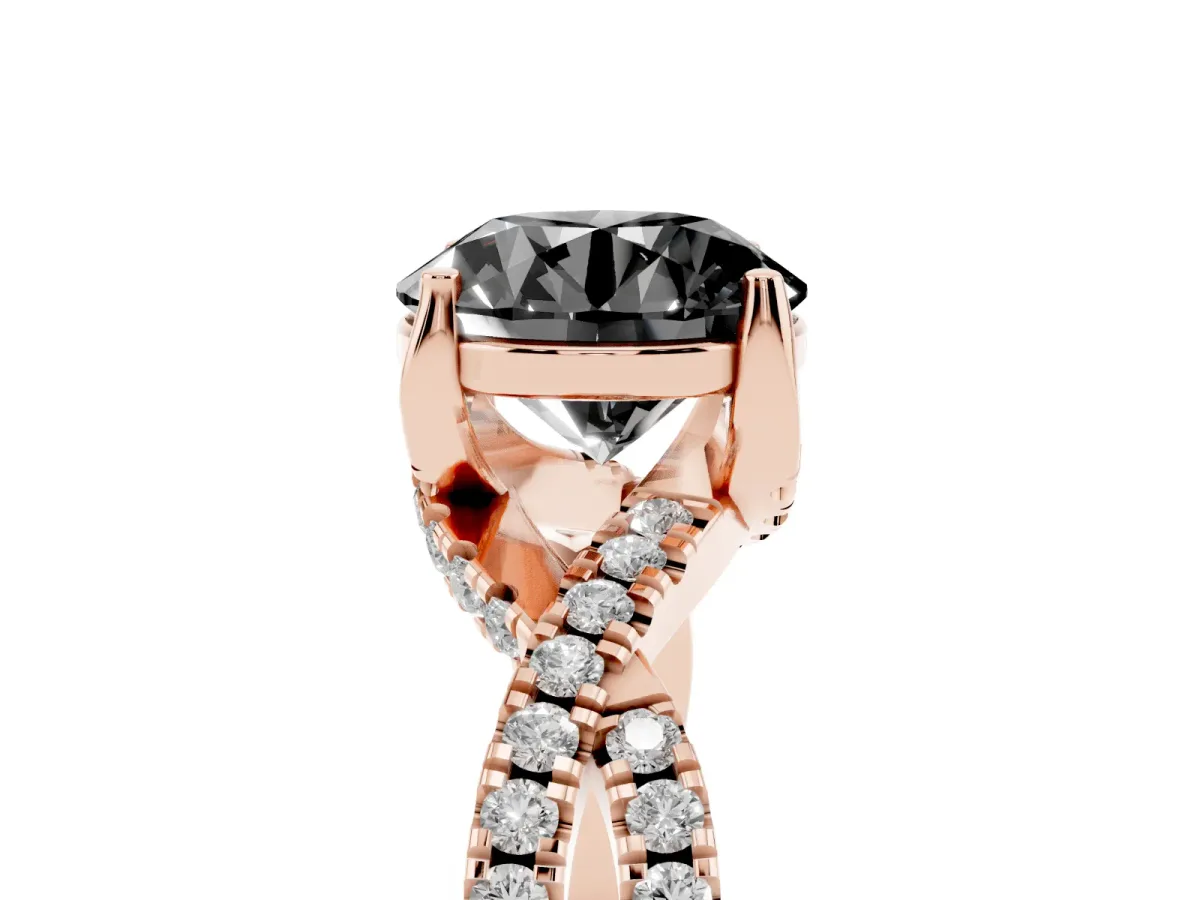 Fancy Black Round Cut Solitaire Twist Pave Diamond Engagement Ring with Prong Setting Rose gold