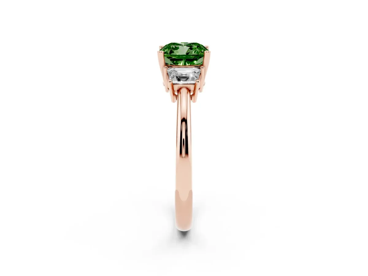 Fancy Green Cushion Cut Diamond Three-Stone Ring with Trapezoid Side Stones and Prong Setting Rose gold