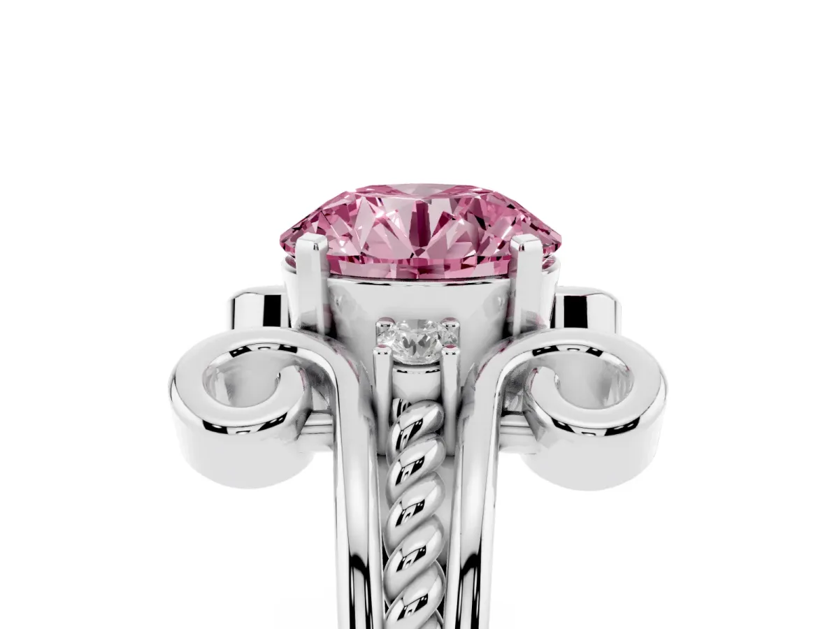 Fancy Pink Round Cut Solitaire Twisted Band Scroll Prong Ring Silver