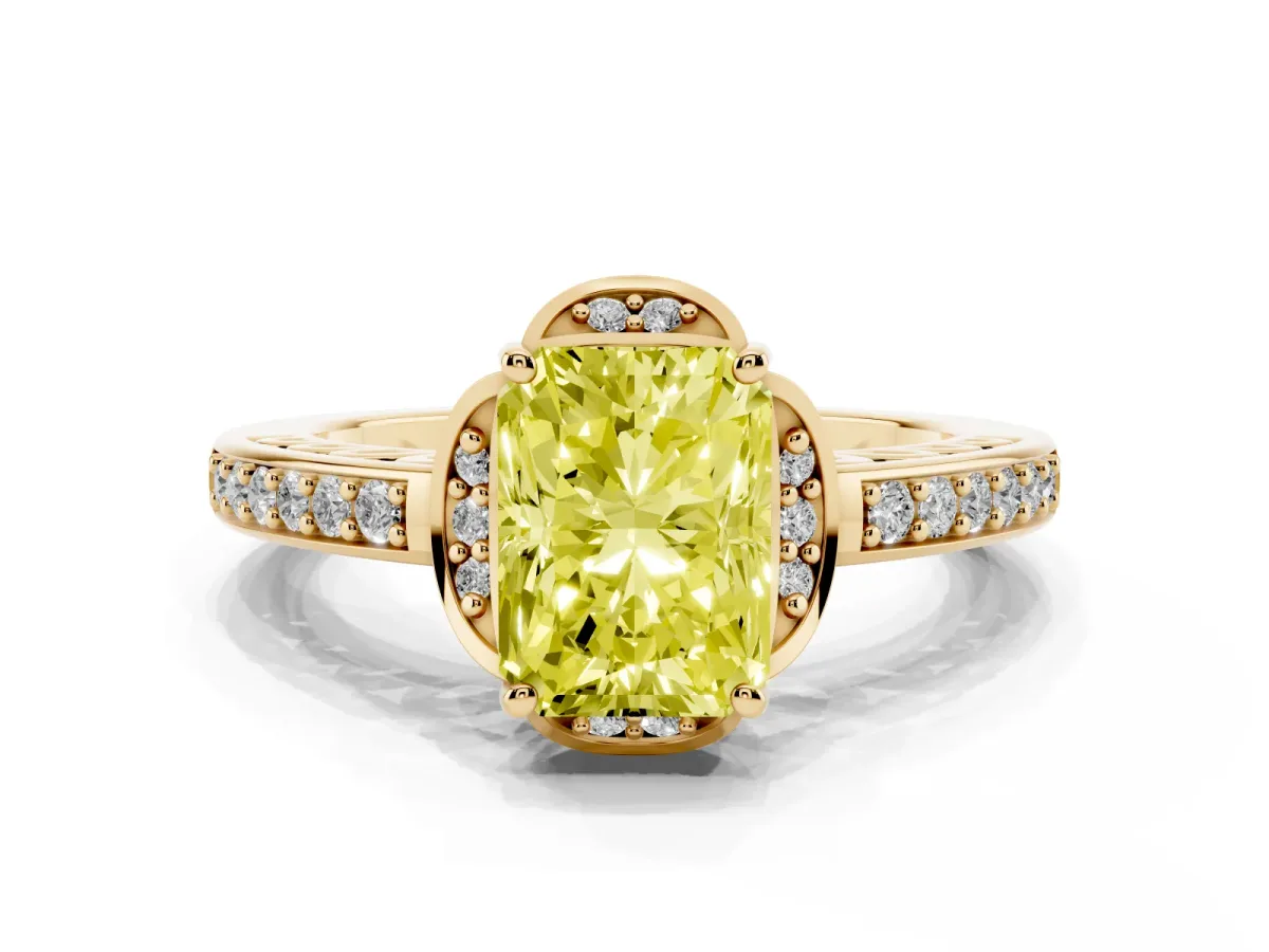 Fancy Yellow Radiant Cut Cut Halo Diamond Ring with Channel Set Band and Four-Prong Setting Yellow gold