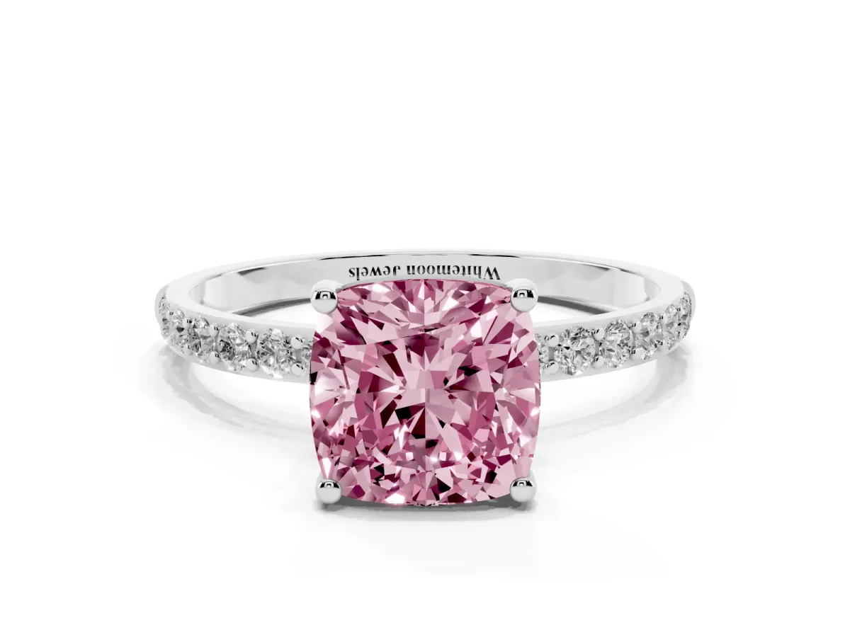 Fancy Pink Cushion Cut Diamond Solitaire Ring with Round Pavé Shoulders and Prong Setting Silver