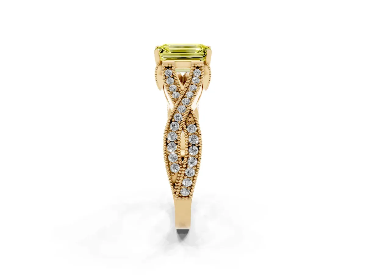 Fancy Yellow Emerald Cut Cut Diamond Twisted Band with Milgrain Pave Setting and Four-Prong Setting Yellow gold