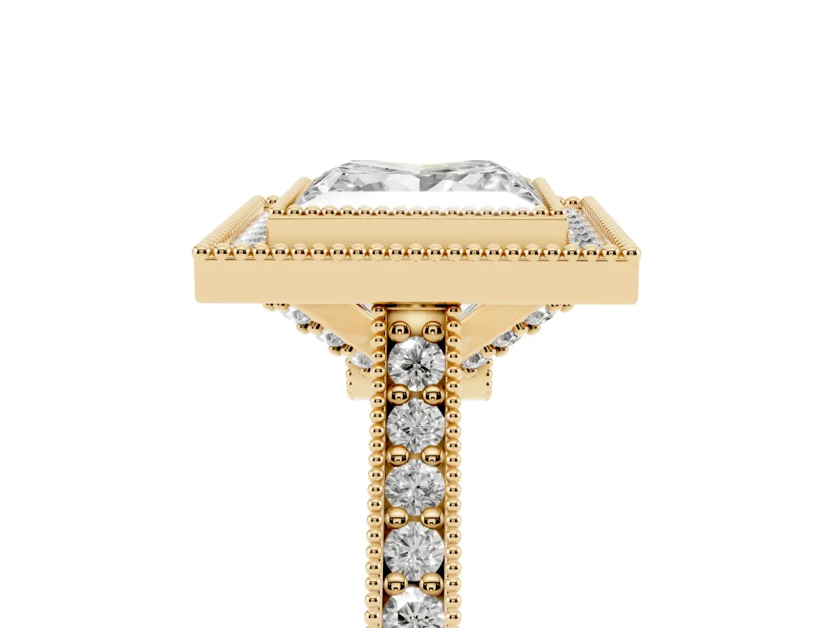 Halo Princess Cut-Cut Diamond Pave Band Milgrain Prong Setting Ring Yellow gold