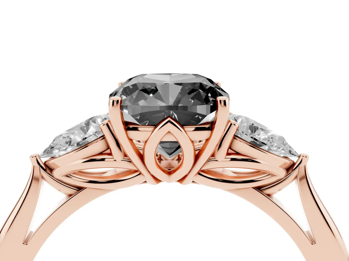 Fancy Black Cushion Cut Diamond Three-Stone Ring with Pear Side Stones and Prong Setting Rose gold