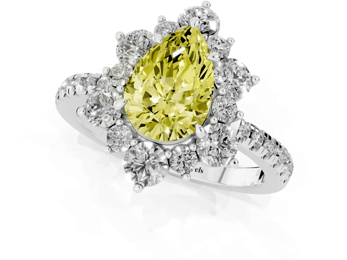 Fancy Yellow Pear Cut Diamond Floral Halo Ring with Round Pavé Band and Prong Setting Silver