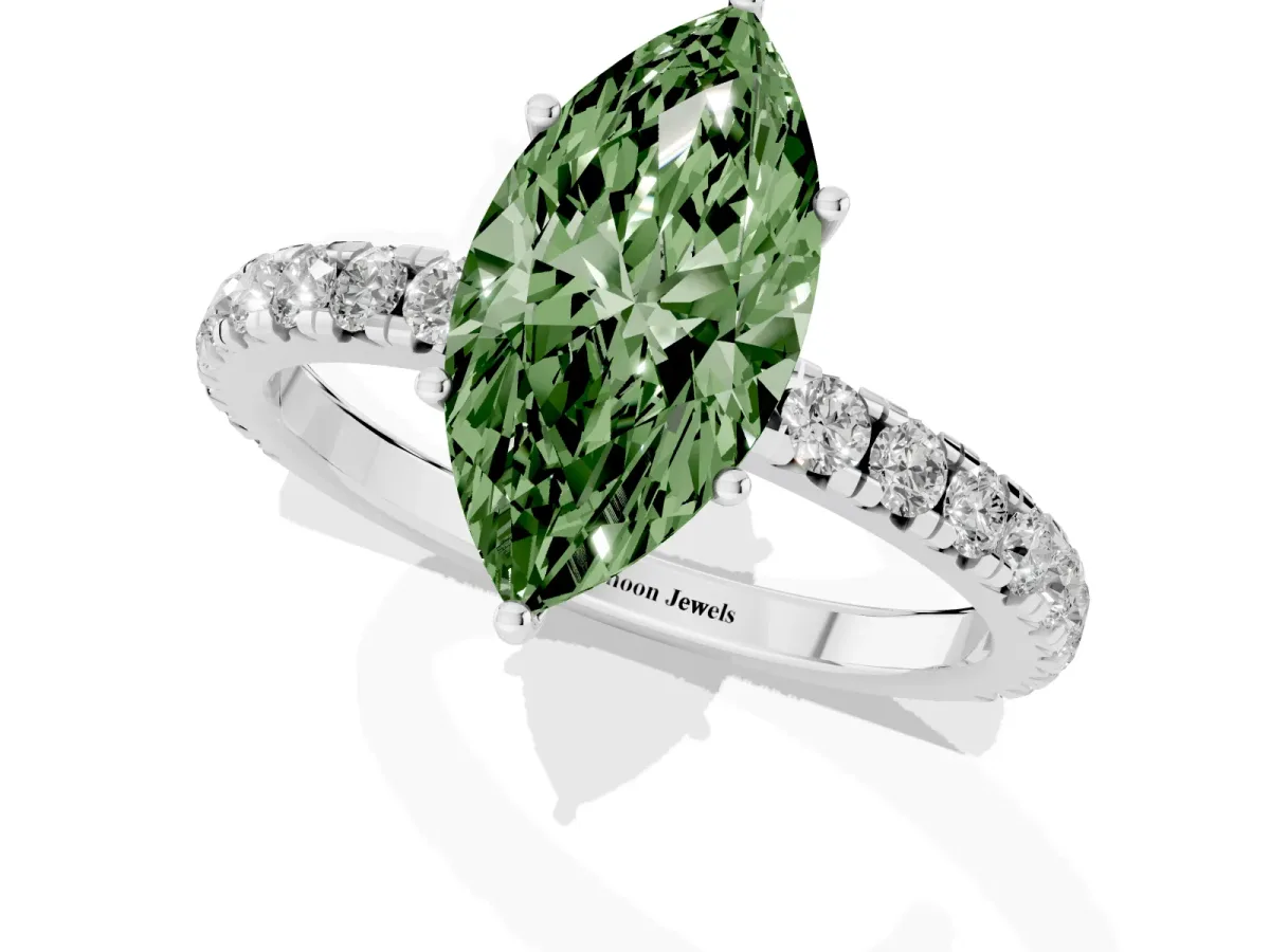 Fancy Green Marquise Cut Diamond Pavé Solitaire Engagement Ring with Four-Prong Setting Silver