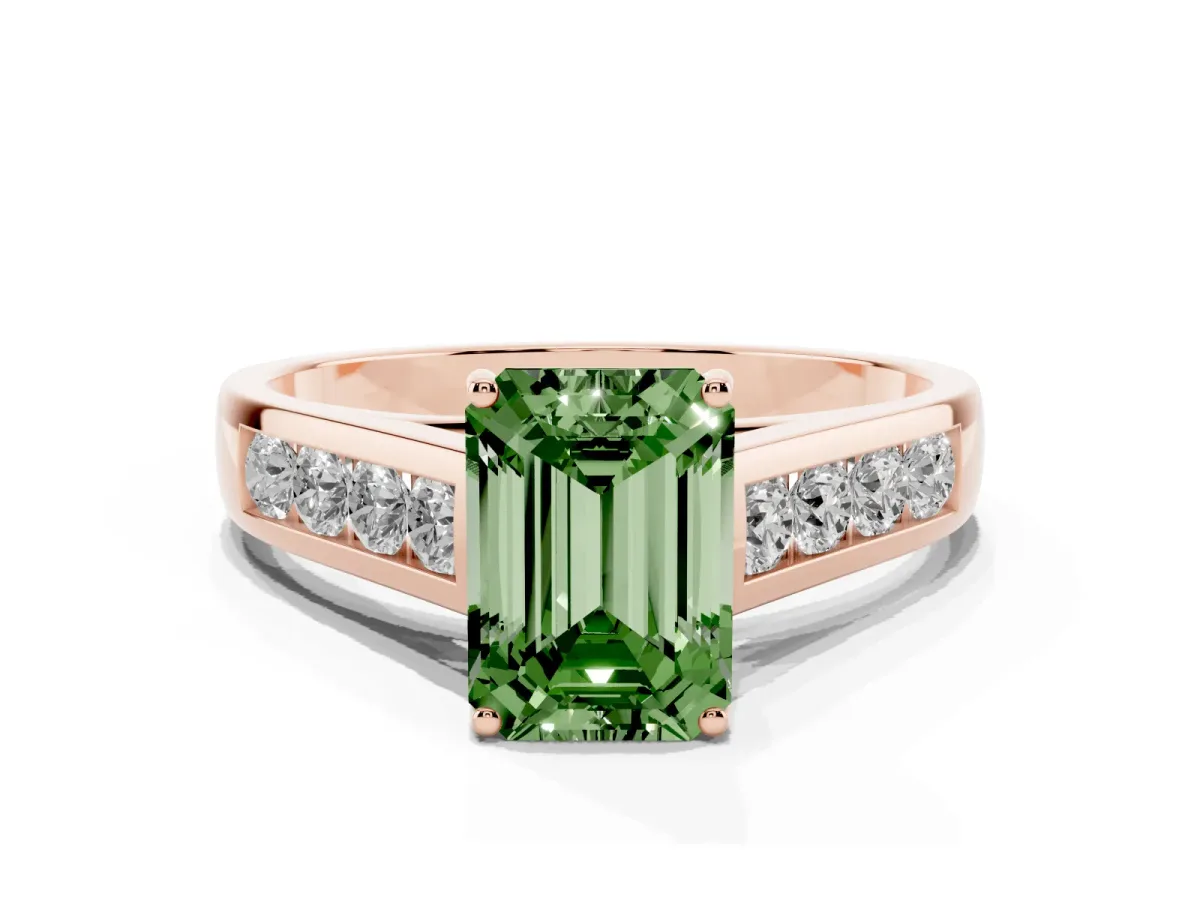 Fancy Green Emerald Cut Brilliant Channel-Set Solitaire Ring with Four-Prong Setting Rose gold