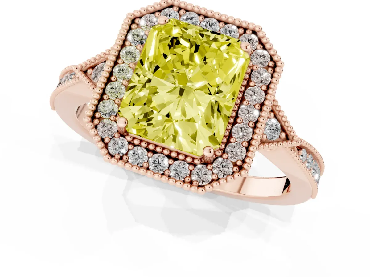 Fancy Yellow Radiant Cut Halo Round Diamond Milgrain Pave Engagement Ring Rose gold