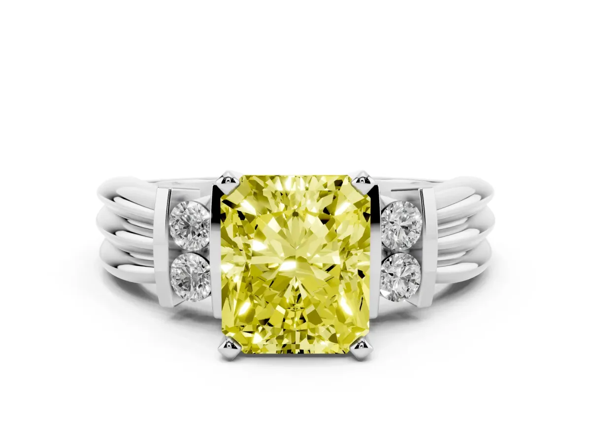 Fancy Yellow Radiant Cut Cut Three-Stone Channel Set Ring with Bar Prongs Silver