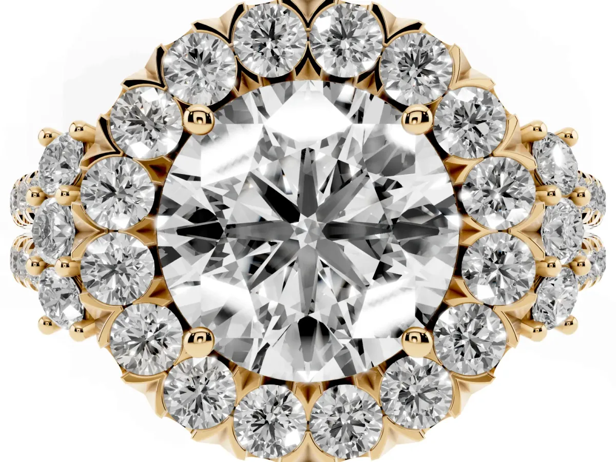 Round Cut Cut Double Halo Diamond Engagement Ring with Pave Band and Four-Prong Setting Yellow gold