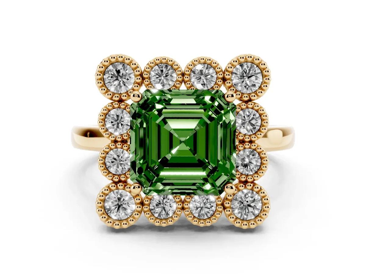 Fancy Green Asscher Cut Halo Diamond Cluster Engagement Ring with Milgrain Bezel Setting and Solitaire Band Yellow gold