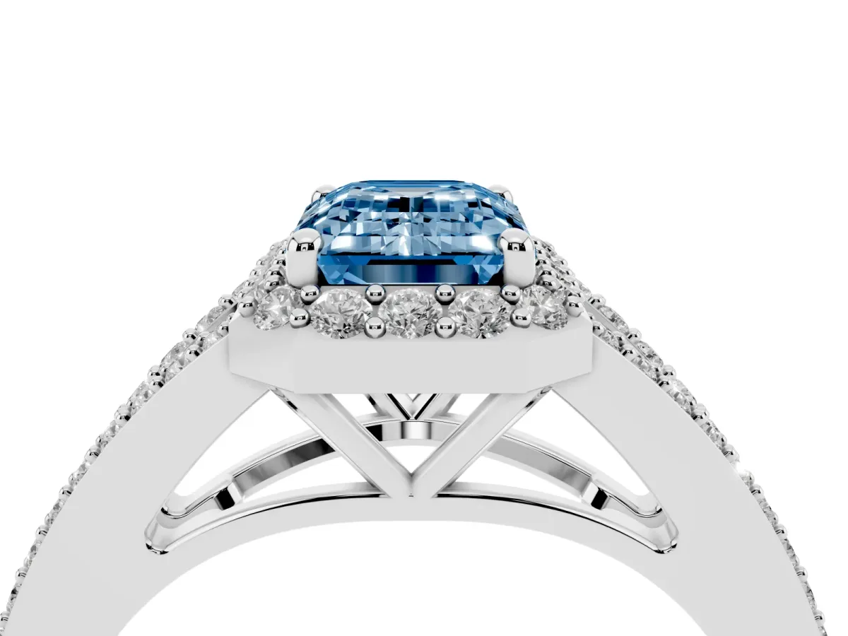 Fancy Blue Emerald Cut Halo Split Shank Diamond Ring with Prong Setting Platinum