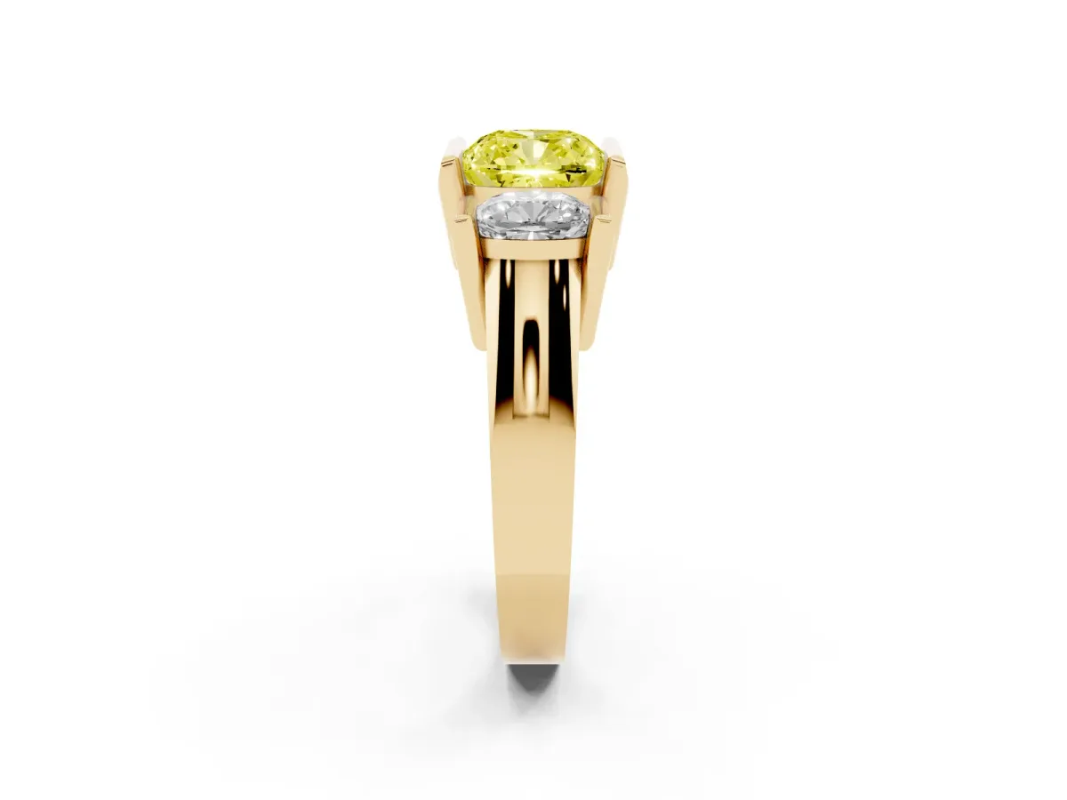 Fancy Yellow Three Stone Cushion Cut Cut Channel Set Diamond Ring Yellow gold