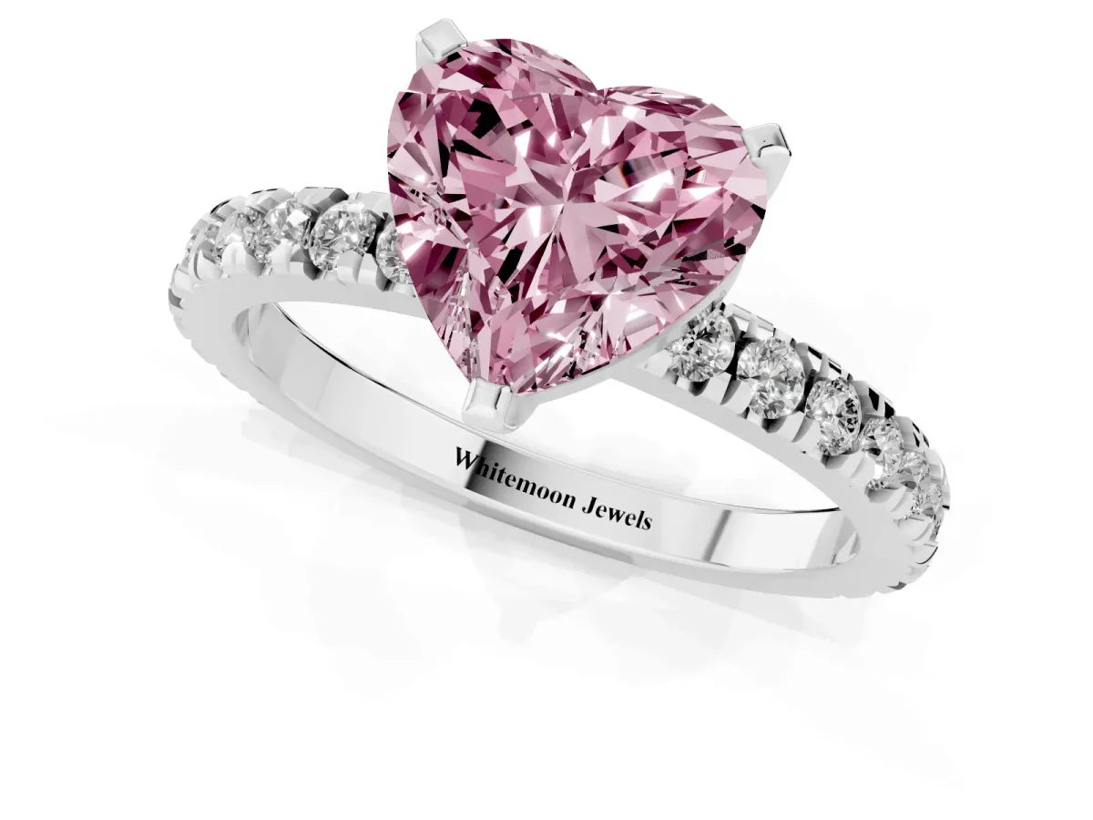 Fancy Pink Heart Cut Diamond Pavé Band Solitaire with Four-Prong Setting Silver