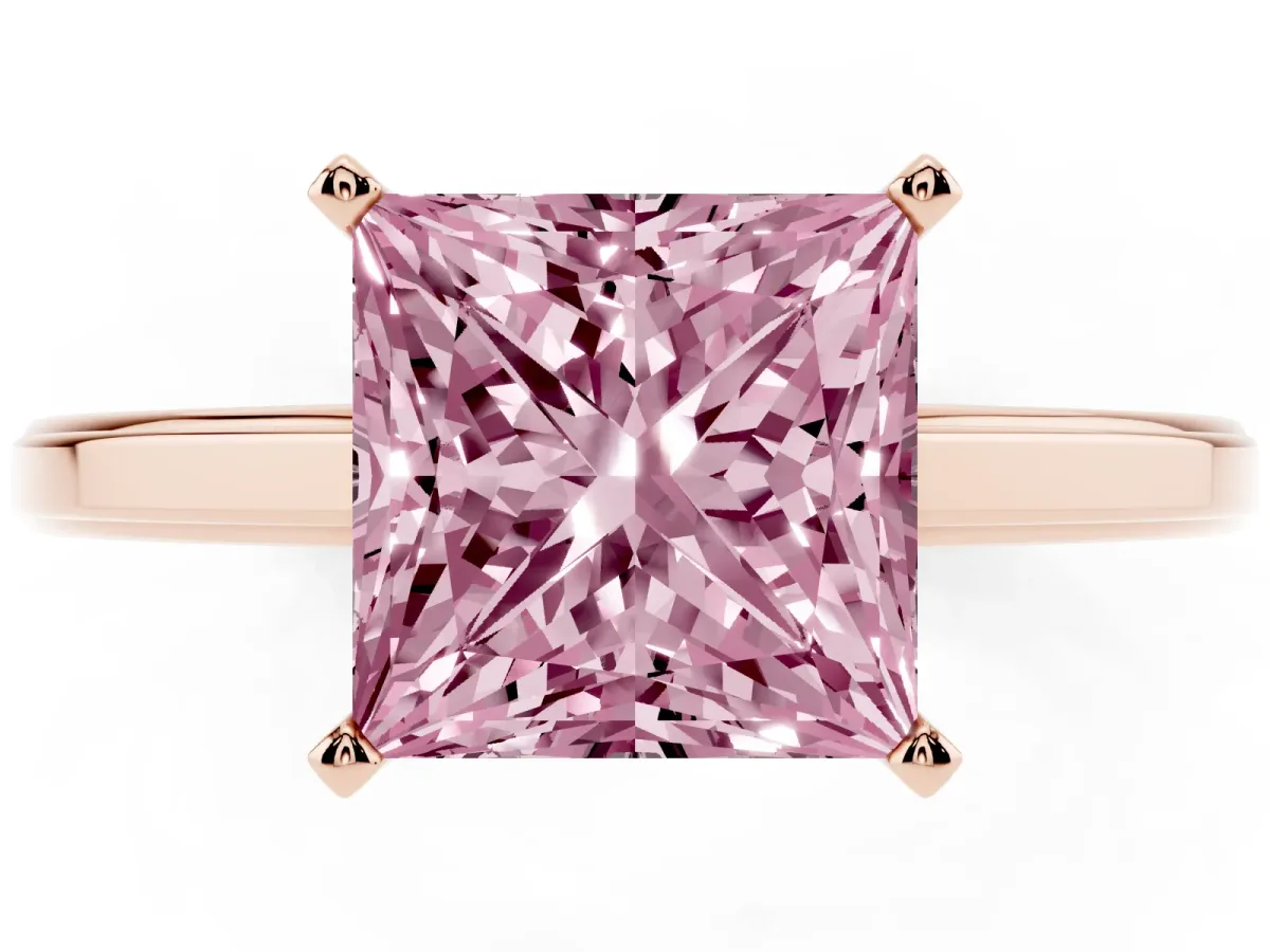 Fancy Pink Princess Cut Solitaire Diamond Ring with Four-Prong Setting and Classic Band Rose gold