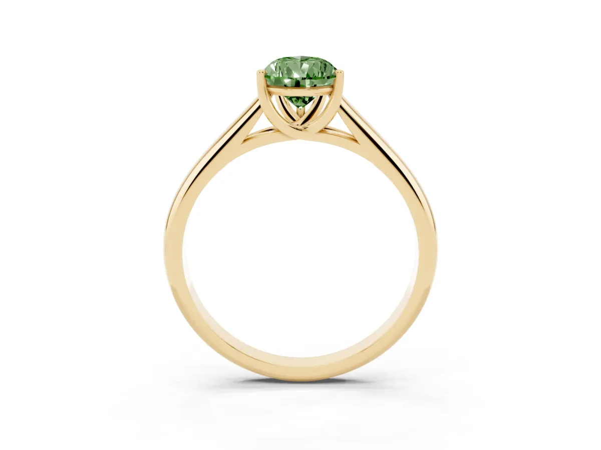 Fancy Green Pear Cut Solitaire Engagement Ring with Tapered Band and Four-Prong Setting Yellow gold