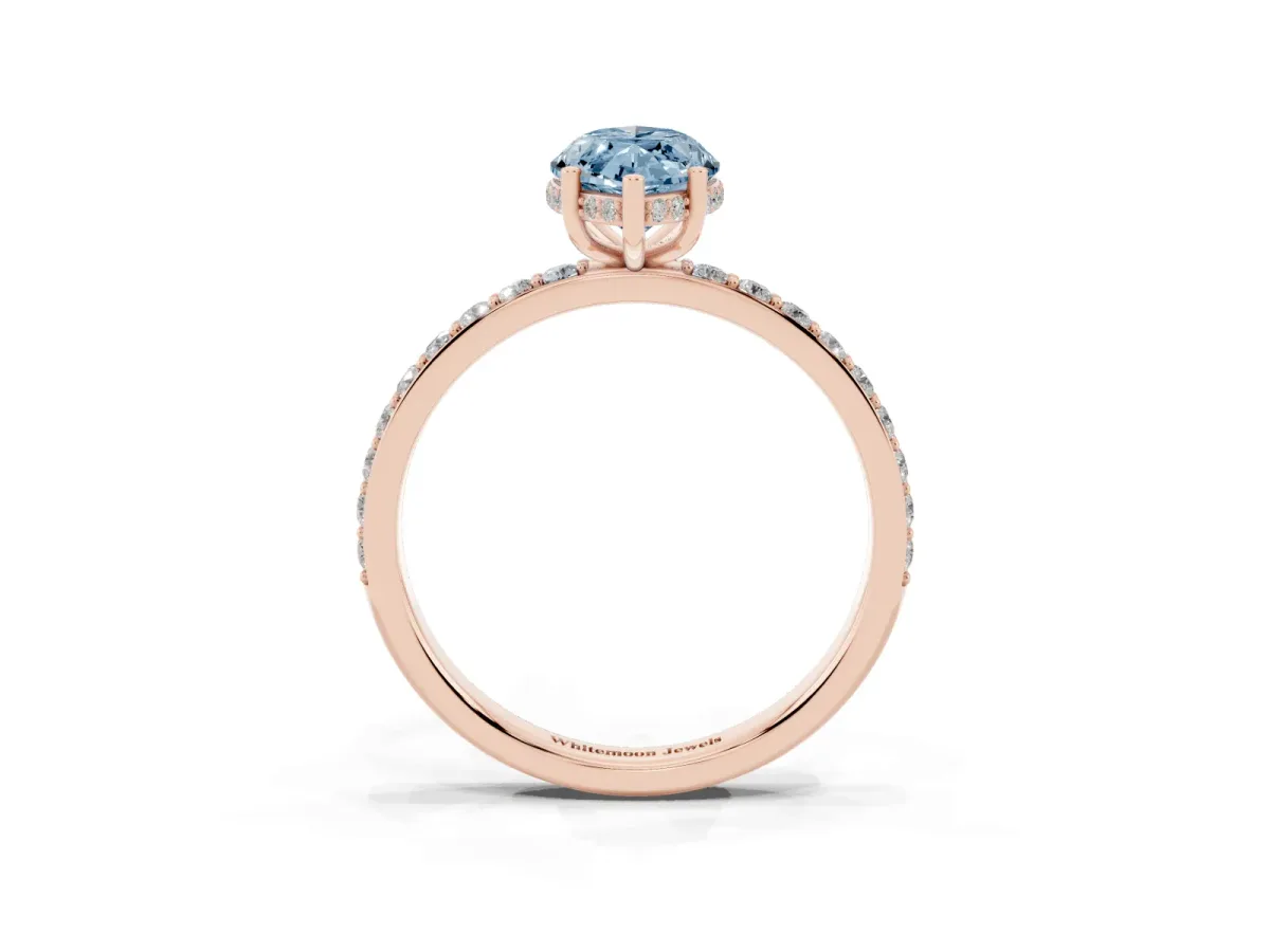 Fancy Blue Marquise Cut Diamond Solitaire Ring with Pavé Band and Hidden Halo Rose gold