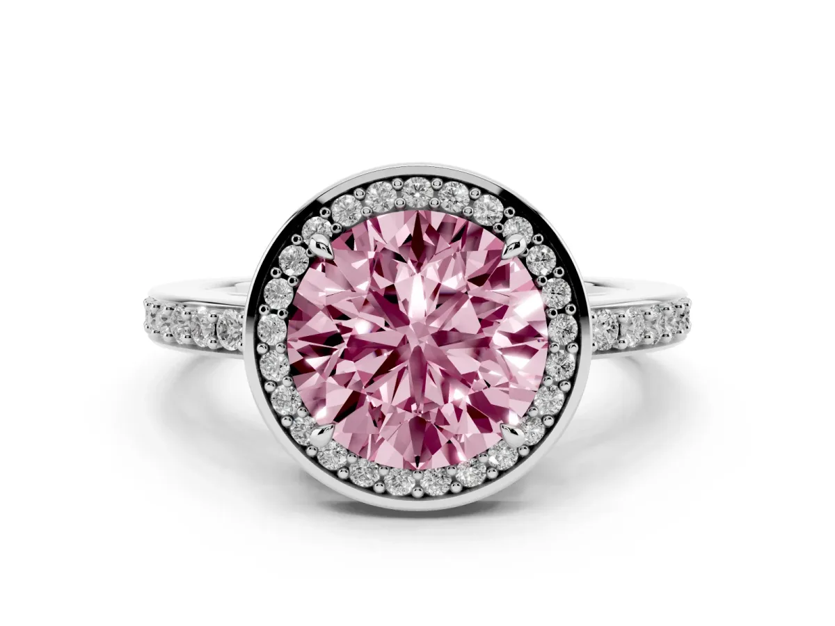 Fancy Pink Round Cut Halo Pave Band Solitaire Ring with Prong Setting Silver