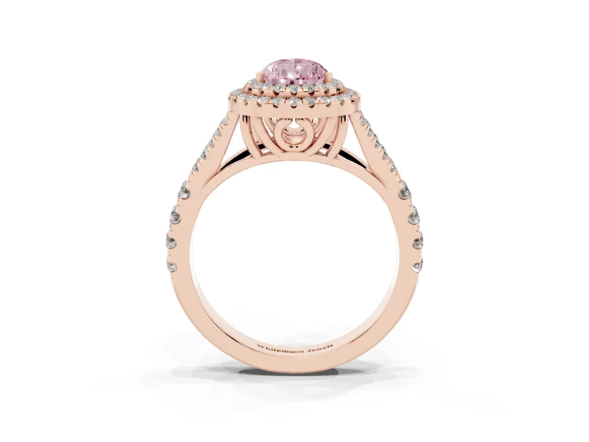 Fancy Pink Pear Cut Diamond Double Halo Ring with Split Shank and Prong Setting Rose gold