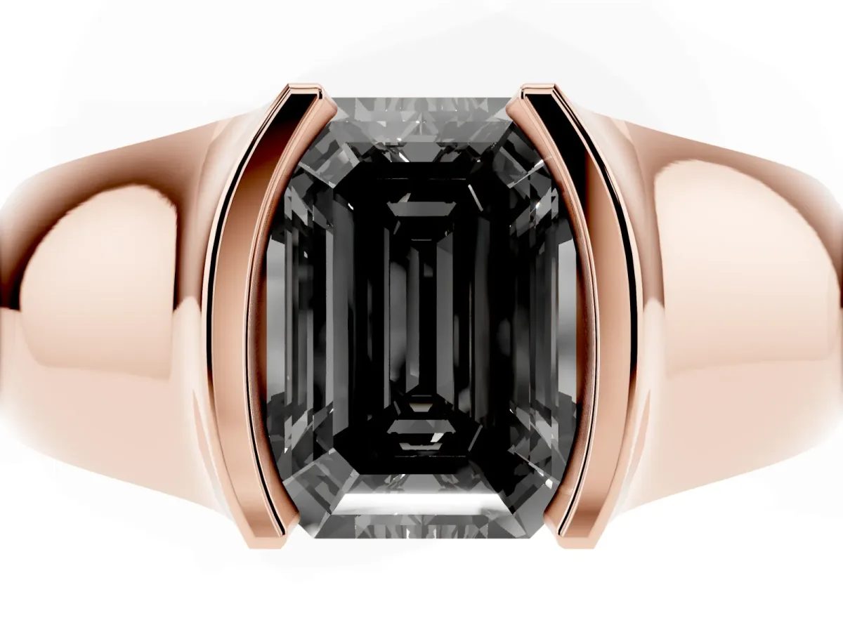 Fancy Black Emerald Cut Solitaire Bezel Set Diamond Ring with Wide Band Rose gold