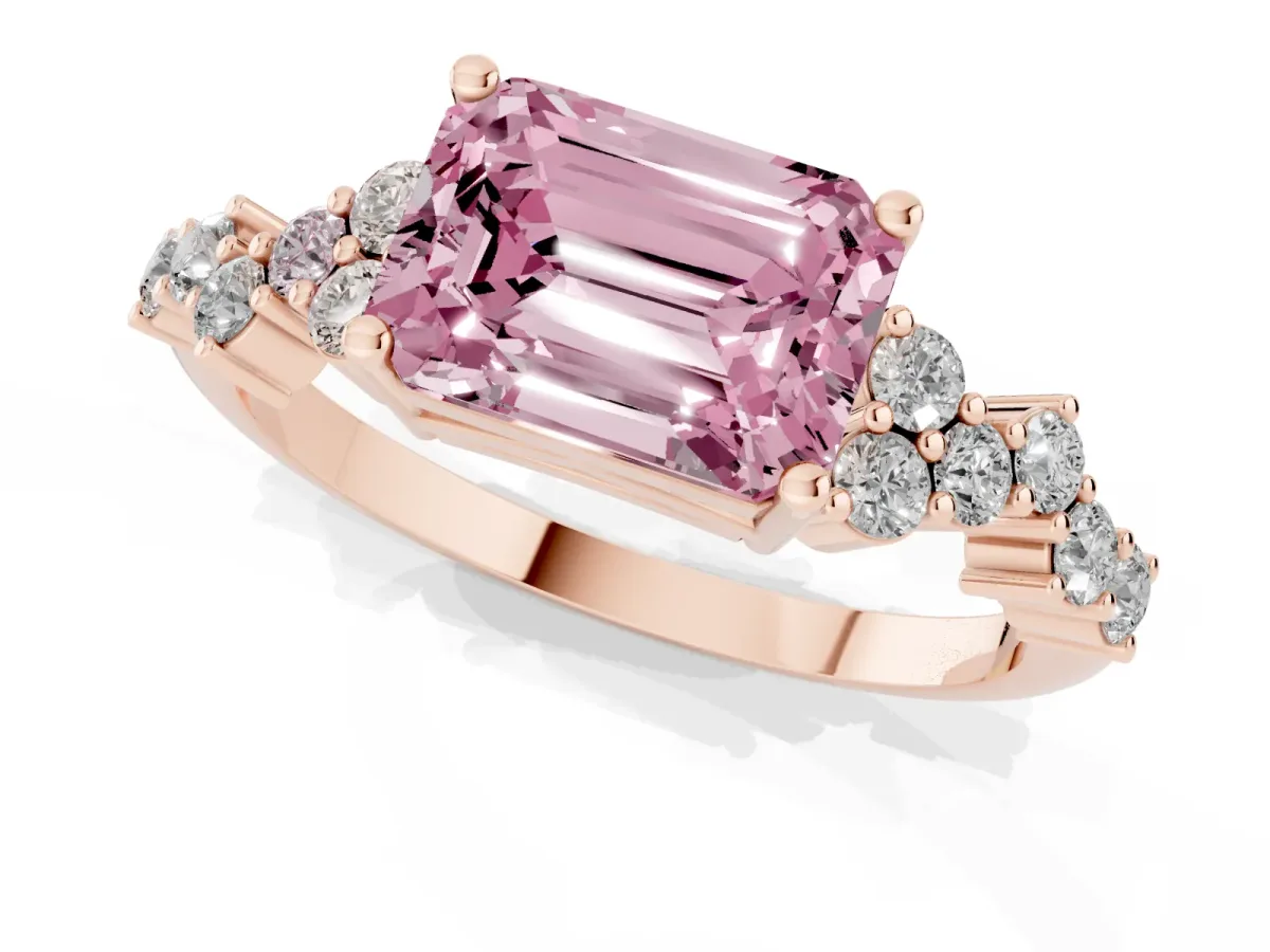 Fancy Pink Emerald Cut Diamond Scattered Round Accent Ring with Prong Setting Rose gold