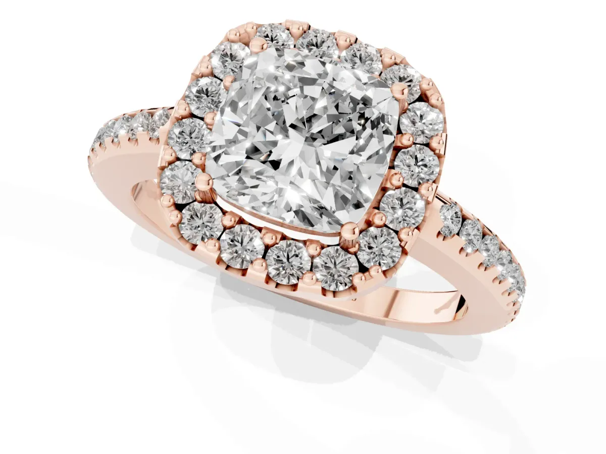Cushion Cut Diamond Pavé Halo Ring with Four-Prong Setting Rose gold