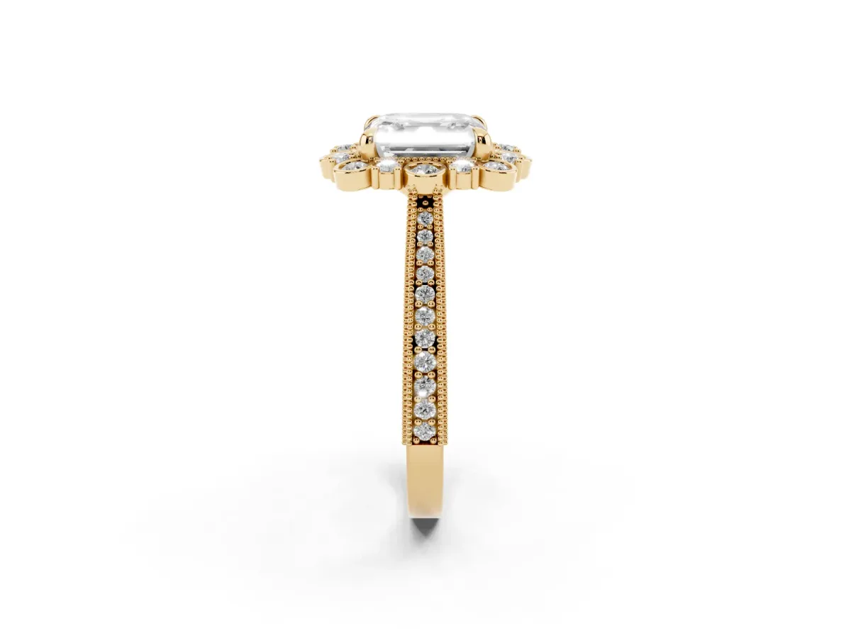 Asscher Cut Halo Milgrain Pave Diamond Ring with Four-Prong Setting Yellow gold